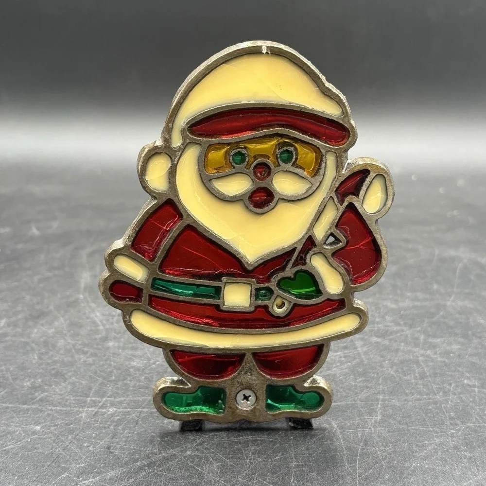 Vtg Tiffany-Style Glo Candle Smile Santa Claus Christmas Tealight Candle Holder